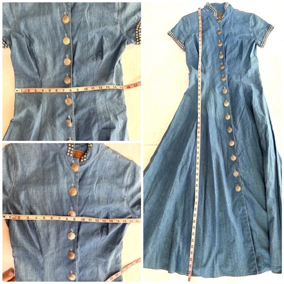 DOUBLE D RANCH Vintage Chambray Denim MaxiDress Duster Silver Concho Studs Sz S - Picture 12 of 13